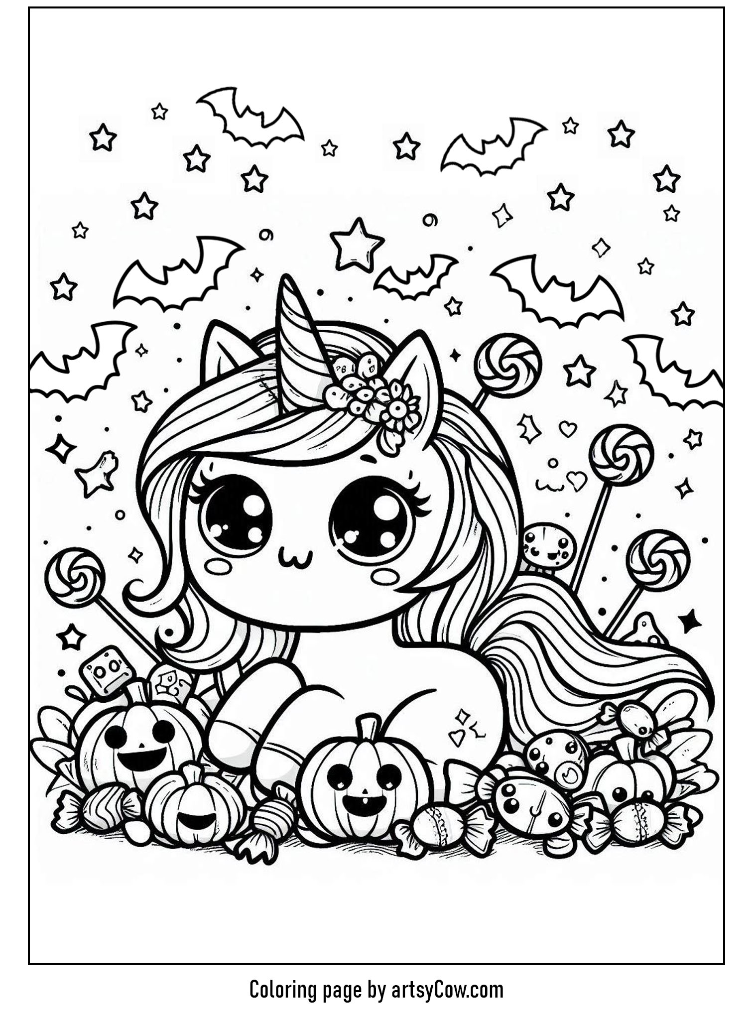 Halloween coloring pages with unicorn 2 featuring an adorable unicorn surrounded by happy pumpkins and candy in a whimsical scene.